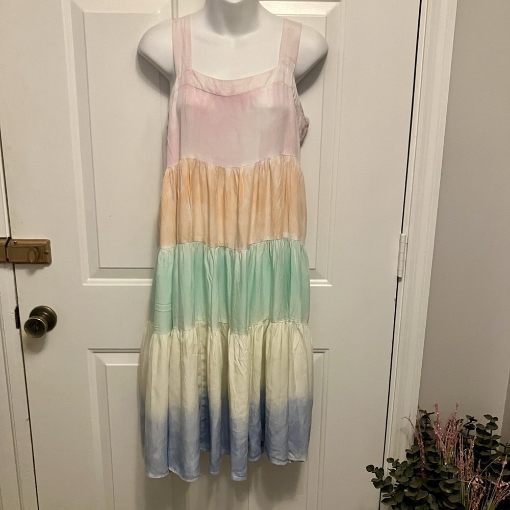 Oddy Size Small Tie Dye Colorblock Pastel Pink Green Ruffle Dress Women's